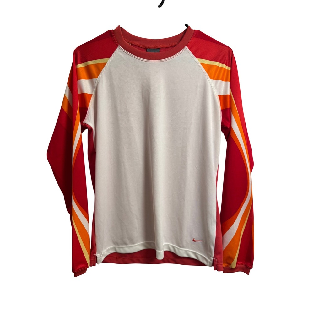 Vintage Nike Dri-FIT Womens Medium Red Orange White Striped Long Sleeve Shirt